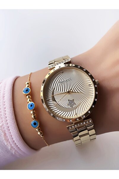 Ferrucci Altın Gold Renk Ay Yıldız Desen Taşlı Metal Kadın Kol Saati