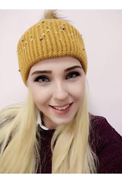 Zaradise Accessories Beretă de muștar cu perle și pompon cu paiete