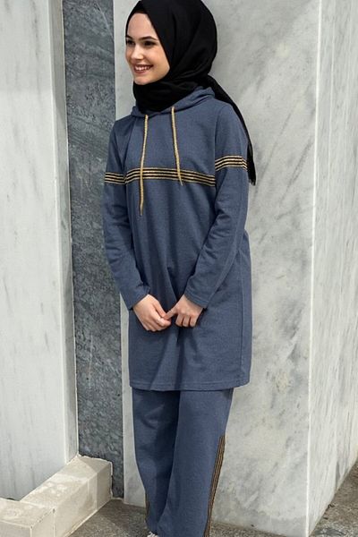 CNG MODA Women's Hooded Glitter Striped Tracksuit Set Indigo