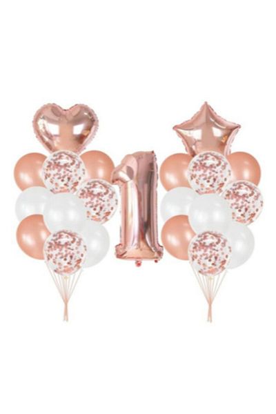 Deniz Party Store Rose Gold 1 Year Old Foil Balloon Transparent Confetti Balloon Set