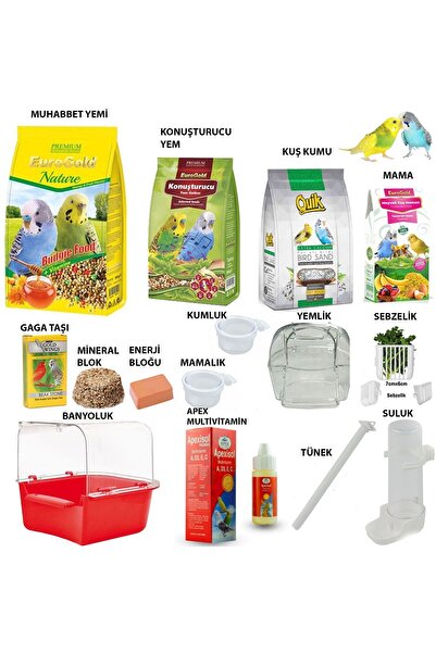 EuroGold Muhabbet Kuşu Yem Ve Ihtiyaç Seti 15 Parça