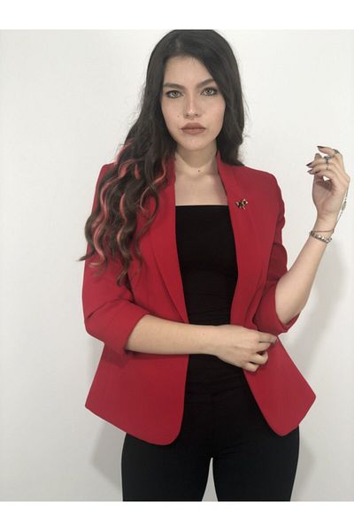 AYHAN Women's Red Bronch Detailed Three-Quarter Sleeve Blazer Jacket