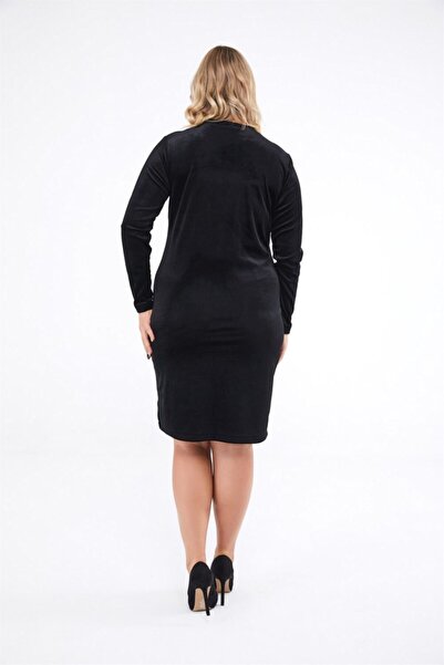 Seamoda Women's Black V-Neck Long Sleeve Velvet Dress