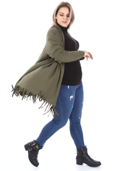 LİKRA Women's Khaki Plus Size Skirt Tasseled Viscose Cardigan