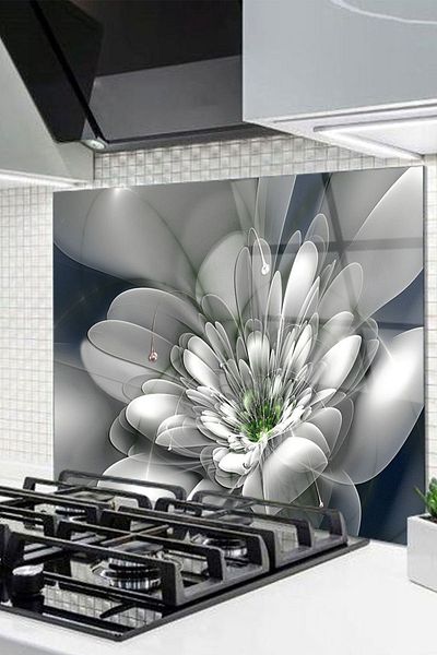 Olinpa 50X50 cm Glass Stove Back Protector - Countertop Built-In, Floral Pattern