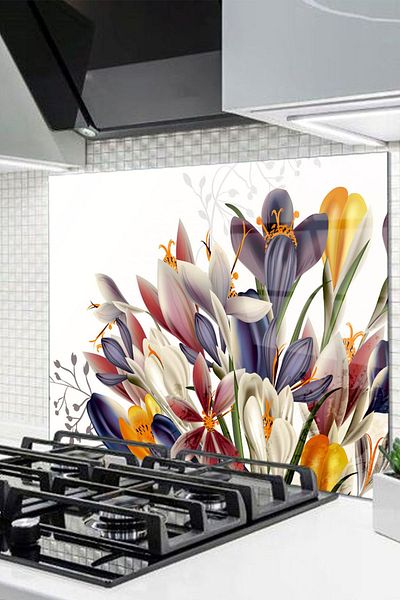 Olinpa 76X49,5 cm Glass Stove Back Protector Countertop Built-In Back Protector |   Geometric Flower