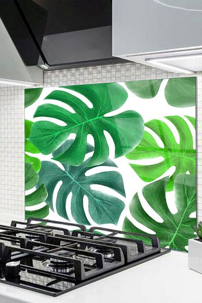 Olinpa 76X49,5 cm Glass Stove Back Protector Countertop Built-In Back Protector |   Leaf