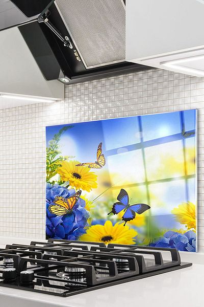 Olinpa 76X49,5 cm Glass Stove Back Protective Countertop Built-In Back Protective Butterfly