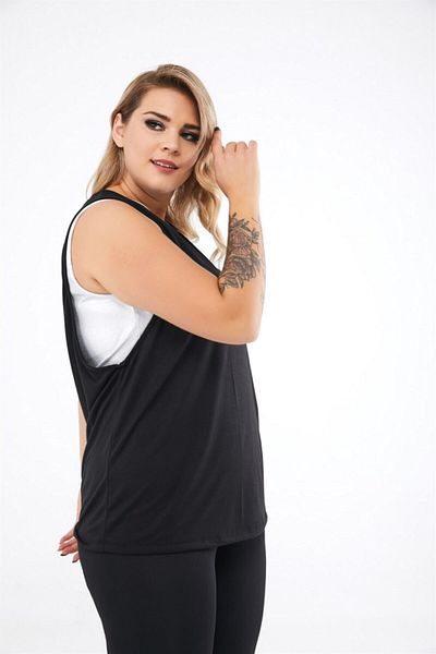 Seamoda Tricou sport pentru femei, cu gât rotund, cu mâneci adânci, negru