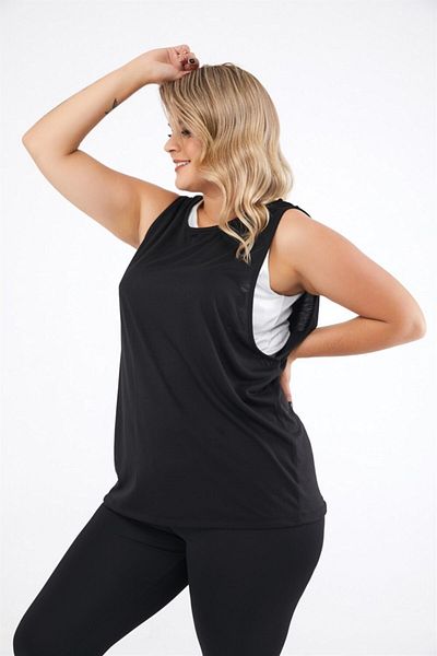 Seamoda Tricou sport pentru femei, cu gât rotund, cu mâneci adânci, negru