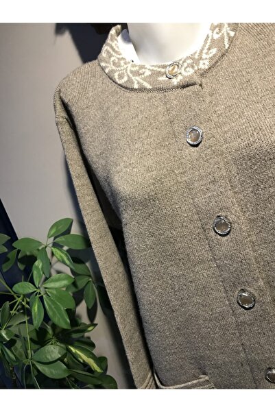 serkan triko Kadın Sütlü Kahve Yuvarlak Yaka Yün Triko Hırka