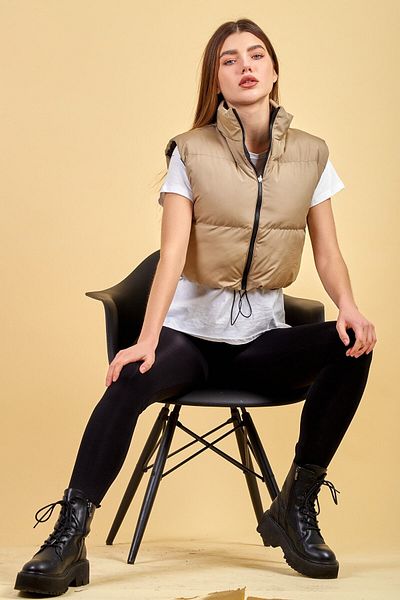 ladyzey Women's Beige Black Double Sided Drawstrable Short Puffer Vest