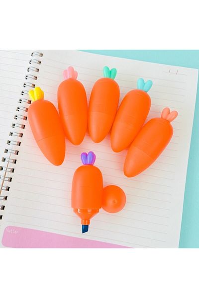 Adil Baba Cute Carrot Design Highlighter Set in Special Bag (6 Pieces) Orange Purple Blue Yellow Pink Green