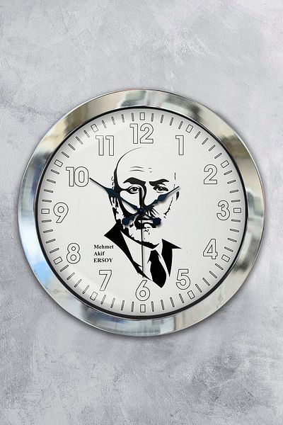 Kasva Concept Gift 36 cm Chrome Metal Mehmet Akif Ersoy Wall Clock