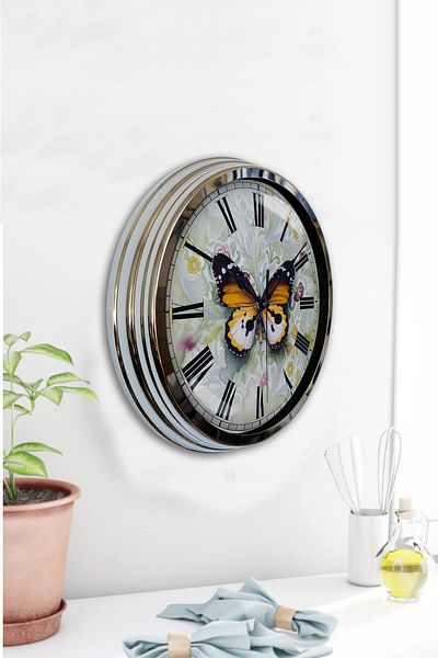 Kasva Concept Gift 40 cm Chrome Metal Butterfly Wall Clock