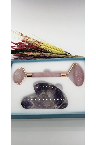 OSMANLI DOĞAL TAŞ Sertifikalı Pembe Kuvars Masaj Taşı Roller Ve Ametist Gua Sha