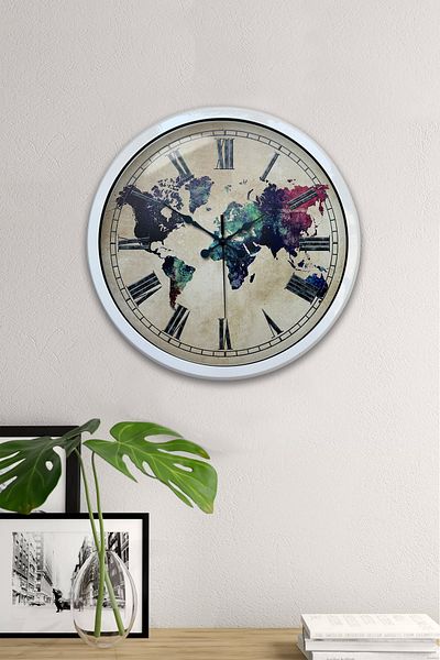 Kasva Concept Gift 40 cm White Metal World Map Wall Clock