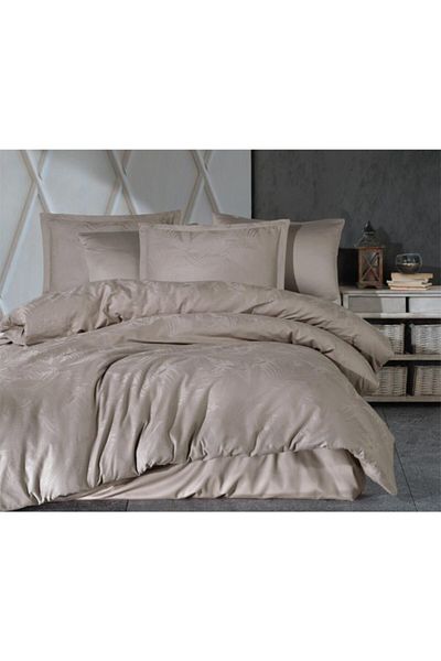 Clasy Jacquard Double Cotton Satin Duvet Cover Set Island V2 Beige