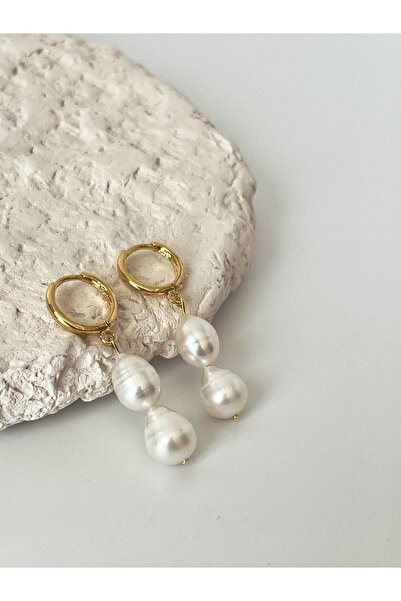 Ladies&Gentlemen Gerçek Inci Detaylı 14k Altın Kaplama Halka Küpe