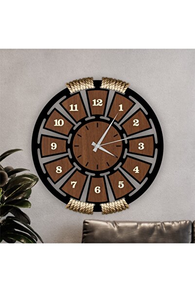 enmalife Siyah Halatlı Ahşap Dekoratif Duvar Saati
