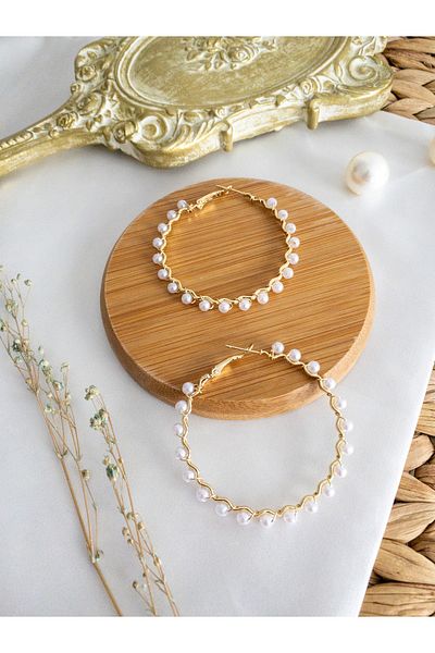 BeuBella Aksesuar Gold Twisted Pearl Hoop Earrings