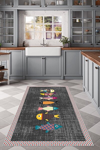 on the clouds Çok Renkli Balık Desenli Mutfak Yıkanabilir Kaymaz Taban Leke T...