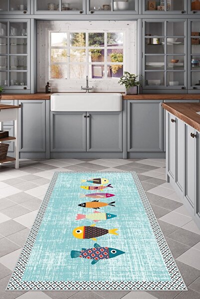 Pelangi Mavi Balık Desenli Mutfak Yıkanabilir Kaymaz Taban Leke Tutmaz Modern Mutfak Halısı Ve Yolluk