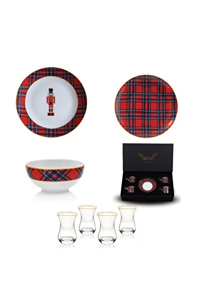ZM Decor Kırmızı Ekose Tabak&çay Kahve Seti 20 Parça (4 Kişilik)