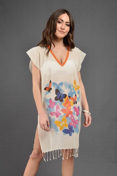 Dosimira Colorful Butterflies Pattern 100% Cotton Collar Pareo / Beach Dress