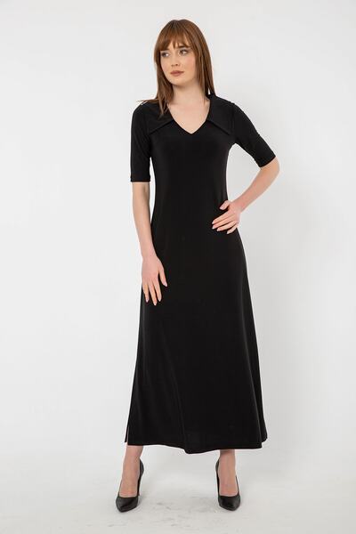 Laranor Μαύρο πουκάμισο με λεπτομέρεια με σχισμή στο γιακά Μακρύ φόρεμα