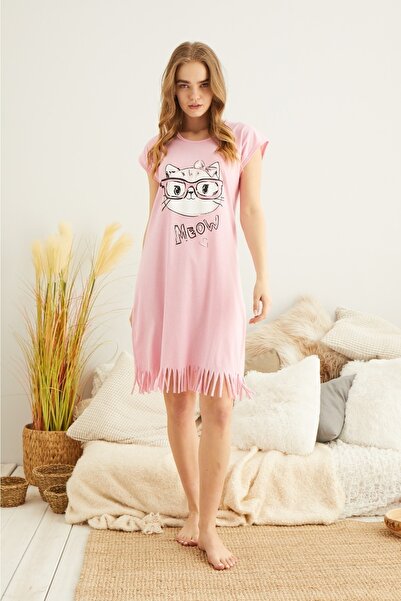 ZBTEKS Meow Kedicik Desenli Penye Pamuklu Günlük Elbise