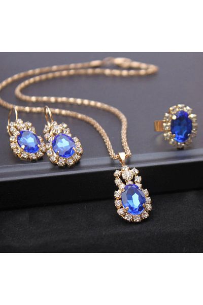 Takıtolia Aurora Crystal Navy Blue Stone Water Drop Pendant Earrings And Gift Wedding Jewelry Set With Adjustable Rings