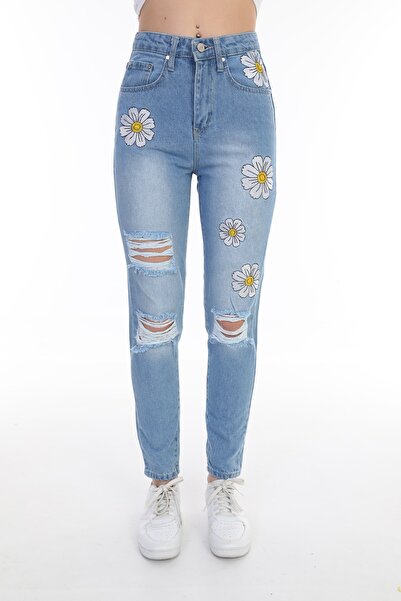BİKELİFE Blue High Waist Laser Daisy Embroidered Mom Jean