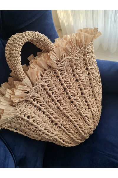 Verda Desing Ψάθινη φούντα Μοντέλο Τσάντα Παραλίας Πλεκτή στο χέρι