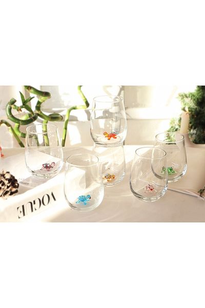 ADAMODART Set of 6 Water Glasses with Turtle Glass Figures