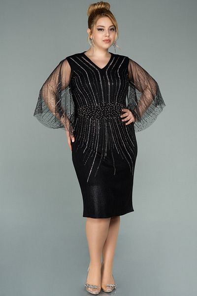Abiyefon Stone Detailed Black Midi Plus Size Evening Dress - Capri Sleeve Abk1293