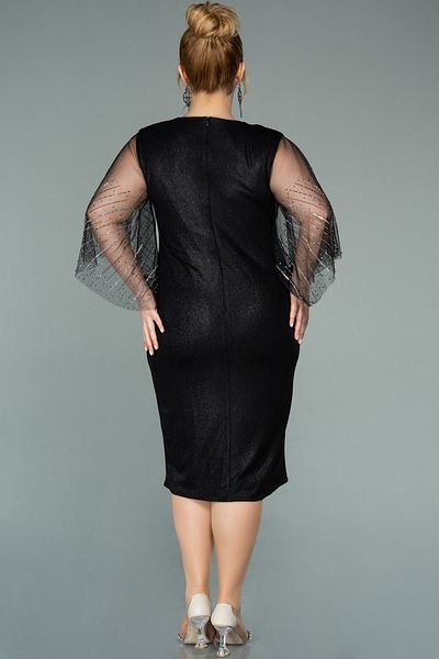 Abiyefon Stone Detailed Black Midi Plus Size Evening Dress - Capri Sleeve Abk1293