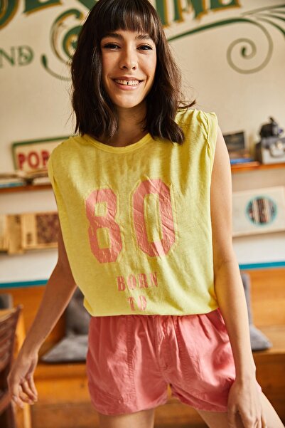 Olalook Dámské žluté pletené tričko s potiskem z 80. let TSH-19000657