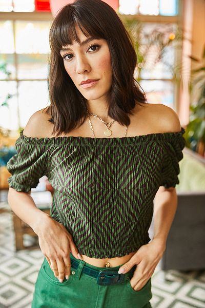 Olalook Γυναικεία πλεκτή μπλούζα χακί-μαύρο Carmen Collar Crop BLZ-19001879