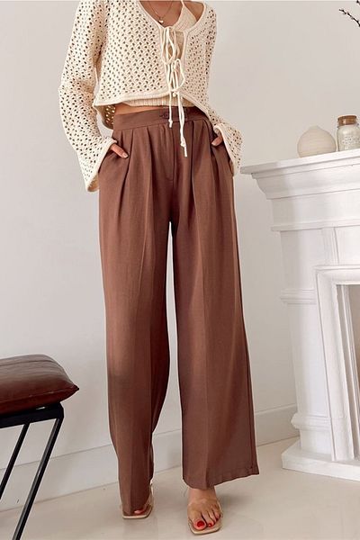 Suzi butik بنطلون بالازو نسائي من الكتان ذو طيات