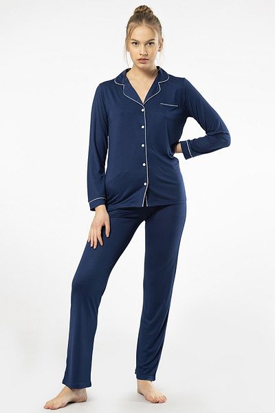 TÜREN Women's Shirt Neck Sleepwear Set with Long Sleeve Pockets