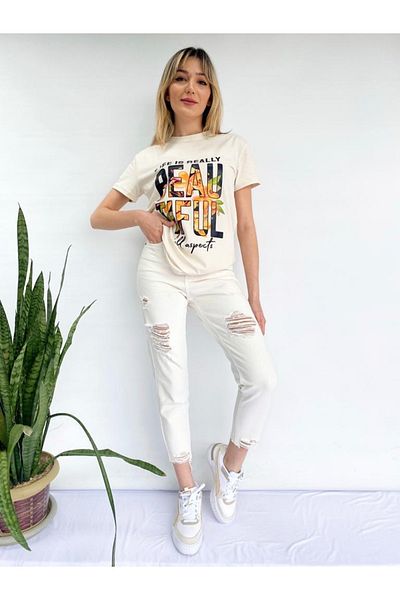 ky butikkk Women's Knee Ripped Mom Trousers Ecru