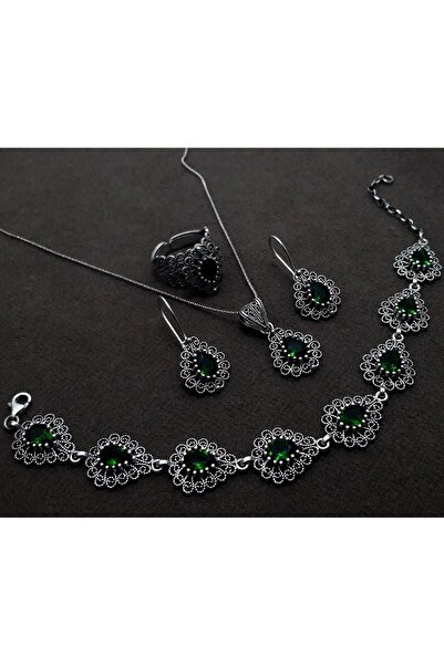 Midyat Nurtaş Gümüş Zümrüt Taşlı Midyat Telkari El Işçiliği Gümüş Kadın Dörtl...