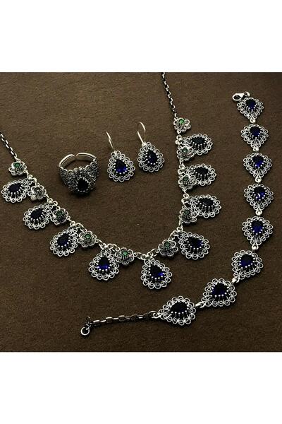 Midyat Nurtaş Gümüş Damla Model Safir Taşlı Gümüş Oksitli Telkari  Set