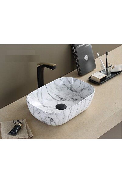 PUROSER Palazzo Marbel Black White Tezgah Üstü Çanak Lavabo