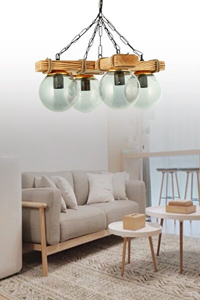 ŞL Şef Light Otantik Ahşap Dörtlü Füme Glop Camlı Avize