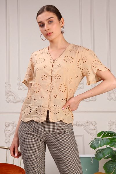 BEBE PLUS Laser Cut Buttoned Blouse