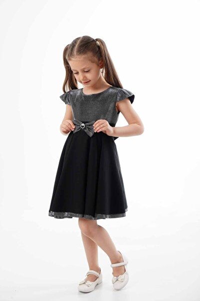 ÖFİ Kids Kız Çocuk Siyah Simli Fiyonklu Sade Şık Elbise