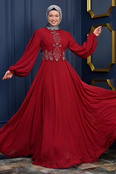 poplinmoda Güpürlü Şifon Tesettür Abiye 3019 Bordo