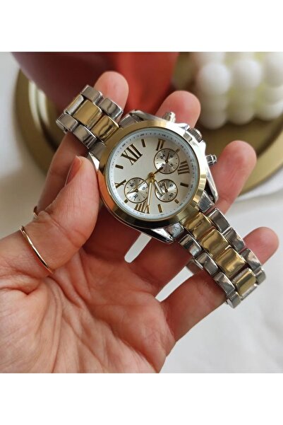 ÇENÇEN Kadın Gümüş Gold Renk Anlok Çelik Kol Saati